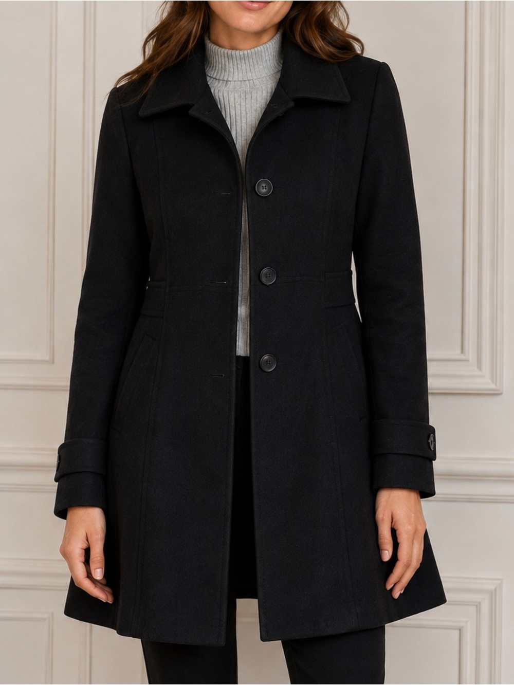 Kenneth Cole Reaction Black Wool Blend Fit & Flare Coat Purple Lining